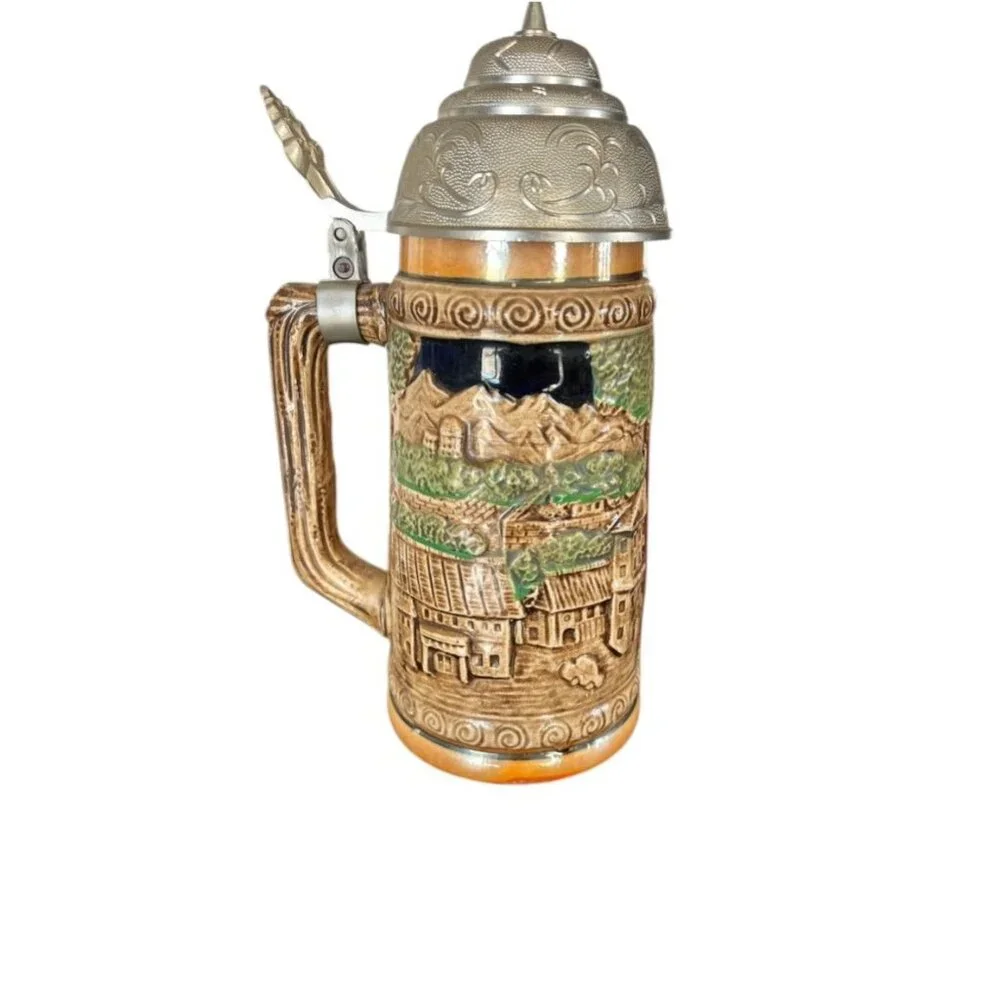 Vintage German musical beer stein,  embossed painted scenes, hinged pewter lid